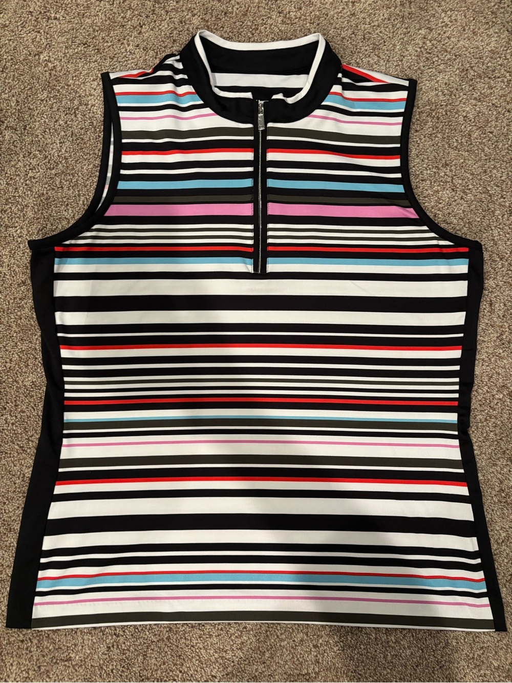 Tail Striped Sleeveless Zip-Front Tank in Black, White, Red, Pink, Blue